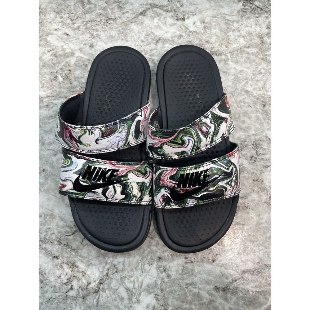 Nike Women's Size 6 Benassi Duo Ultra Slides Sandals Marble Black, pink, White